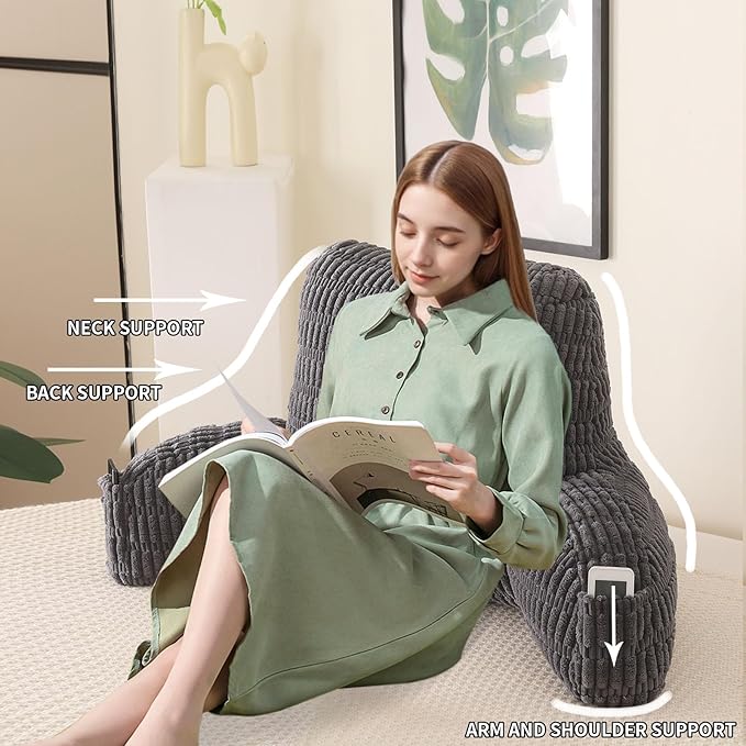 PAJEO Reading Pillow for Sitting in Bed, Large Backrest Reading Pillow with Arm Rest,Back-Rest Support Cushion for Sit Up on Couch, Sofa, and Floor, Dorm Essentials (Grey Corduroy, Large(19"))