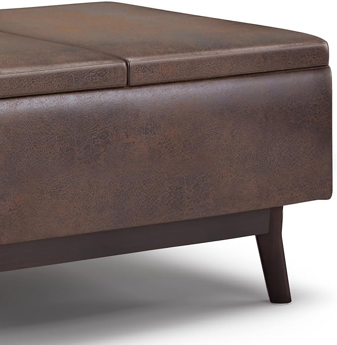 SIMPLIHOME Owen Tray Top Small Coffee Table Storage Ottoman - 34 inch Wide Upholstered Vegan Leather Rectangular Flip-Top Ottoman in Distressed Chestnut Brown, Mid-Century Ottoman for Living Room