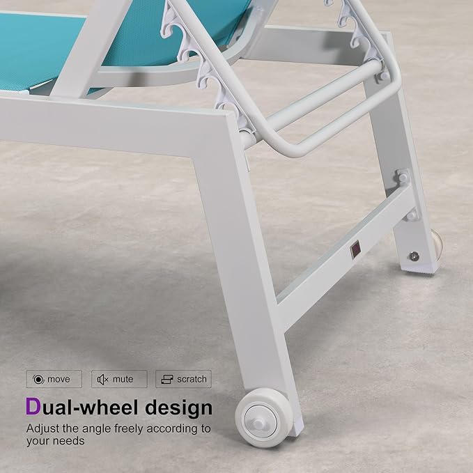 PURPLE LEAF Oversize Chaise Lounge Chair Outdoor 2 Pieces White Aluminum Lounge Chair with Wheels and Table for Pool Deck Patio, Turquoise