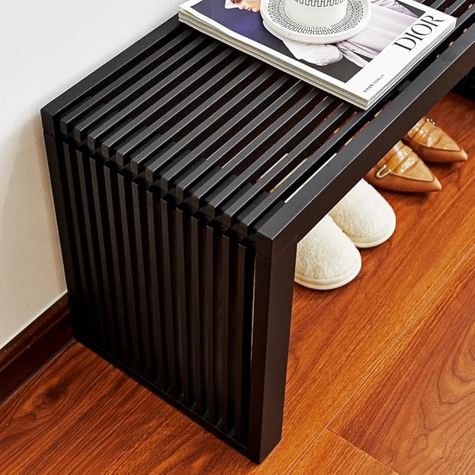 Berkvee Versatile Wooden Slatted Bench - Sleek Modern Design for Dining, Entryway, Bedroom - Indoor Use with Storage Capability for Home, Kitchen, Bathroom & Beyond (Black)