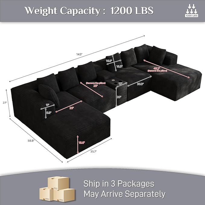 Modular Sectional Sofa with USB Cup Holders Storage, 143" U Shaped Cloud Couch Plush Corduroy Deep Seat Boneless Sofas with Double Chaise Lounge Sectional Couches Memory Foam for Living Room - Black