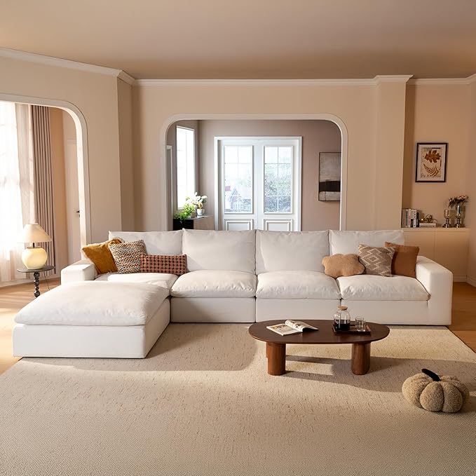 Vorthio Cloud Couch Sectional Oversized Modular Sofa with 35'' Deep Seat Boneless Couch L-Shape Comfy Sofa Stain-Resistant White Sectional Couches for Living Room Apartment 4 Seater with 1 Ottoman