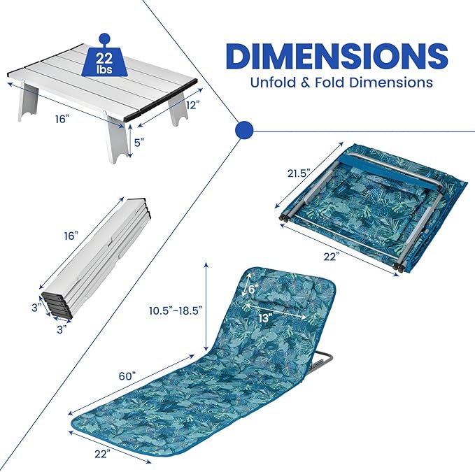 Nightcore 3-Piece Beach Chairs Set for Adults, Adjustable Lawn Chair with Side Table for Outdoor Relaxing & Sun Tanning, Portable & Folding Recline Chaise Lounge for Beach, Patio, Camping (Teal)