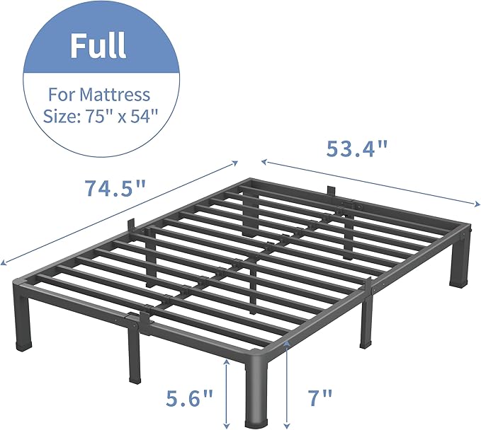 VIPSHOW 7 Inch Full Size Bed Frame, 3500Lbs Heavy Duty Metal Platform with Round Corner Legs Mattress Slide Stopper, Steel Slat Support No Box Spring Needed, Noise Free, Non-Slip, Easy Assembly