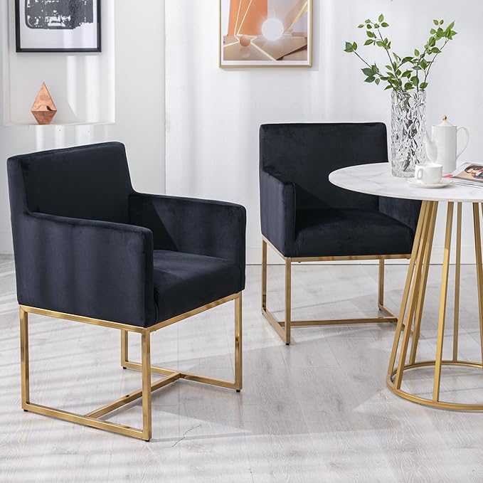 BESTANO Set of 6 Upholstered Velvet Dining Chairs with Armrest, Mid Century Modern Accent Armchairs, Modern Kitchen & Dining Room Chairs with Gold Frame, Black