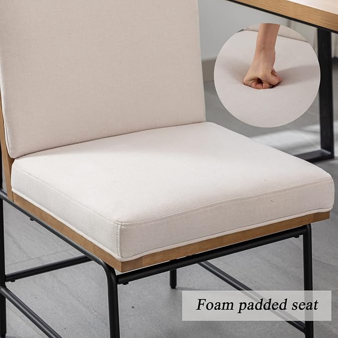 DUOMAY Mid-Century Modern Dining Chairs Set of 2, Linen Upholstered Side Chair with Rear Handle, Armless Chair with Metal Legs for Kitchen Dining Room Living Room Vanity, White
