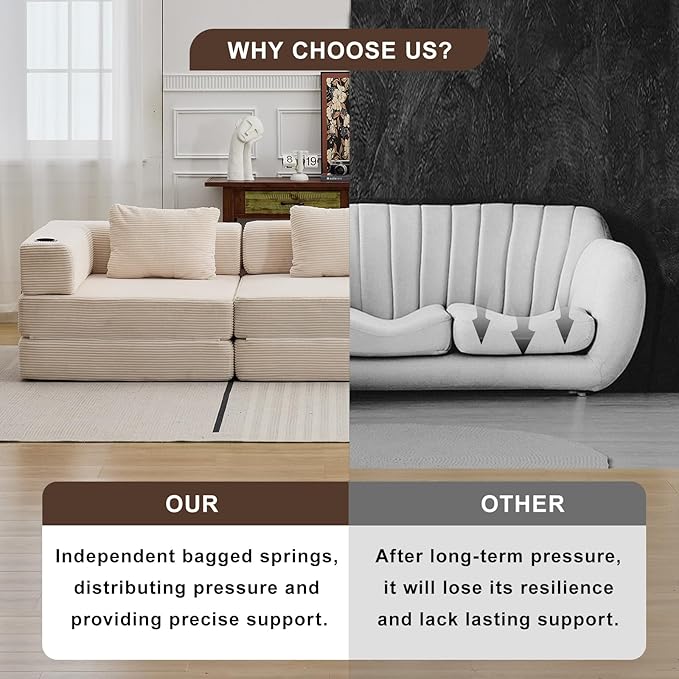 118" Oversized Convertible Floor Sofa Bed, Boneless Foldable Mattress Cloud Couch with Pillow Back & Armrest, Fold Out Floor Couch with Cup Holder for Living Room Bedroom Lounge, Corduroy, White