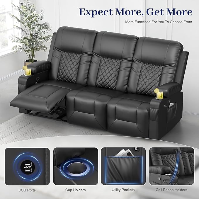 FURNIMAT Oversized Recliner Sofa Set with 2+3 Pieces in Living Room, PU Leather Loveseat Recliner Couch, Modern 3 Seats Dual Reclining Sofa with Cup Holder and 2 Cell Phone Holder, USB Ports, Black