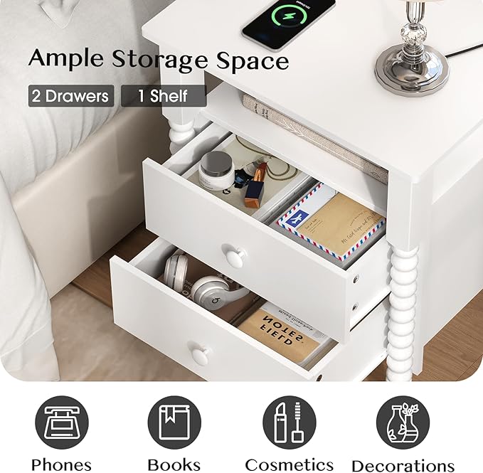 White Night Stand Set 2, Vintage Nightstand with Charging Station, Bedside Table with 2 Drawers, End Table with Solid Wood Legs, Bed Side Tables for Bedroom, White