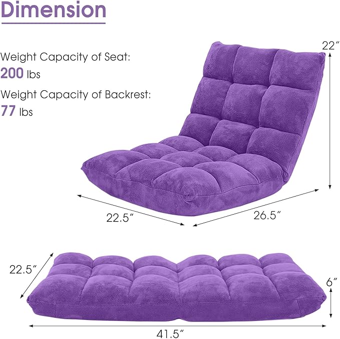Giantex Floor Chairs for Adults - Floor Gaming Chair with Back Support, Coral Velvet, 14 Adjustable Position, Thick Sponge Padding, Floor Seating Lounge for Reading, Watching TV, Meditation (Purple)