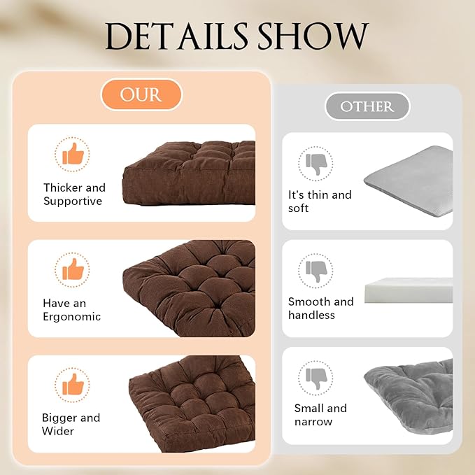 LYLNBYWK Meditation Floor Cushions, Thickened Floor Pillow for Adults, Large Square Pillows Seat Cushion for Tatami Living Room Yoga, Memory Sponge Block Added, 22x22 Inch, Brown