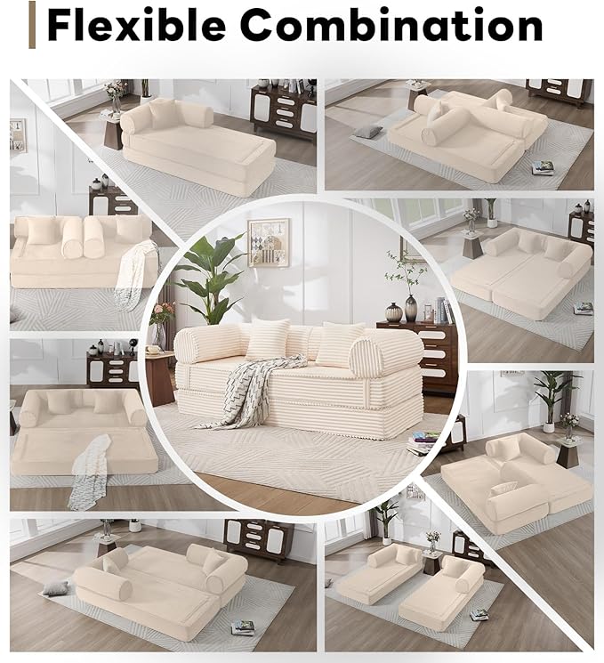 Tbfit 79'' Folding Boneless Couch, Oversized Corduroy Convertible Sofa Bed, Futon Mattress Sleeper Sofa, Comfy Foldable Upholstered Floor Couches for Living Room, Beige