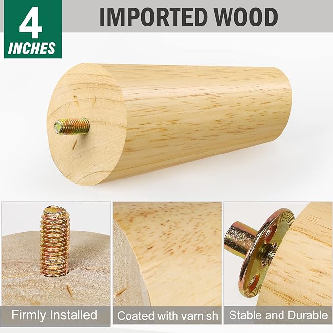 FoDau770 Rubber Wood Furniture Legs 4 Inches, Slant Tapered Wood Feet Mid Century Sofa Legs Set of 4, 5/16" UNC Furniture Feet Replacement Parts for Cabinet Couch Dresser Chair Ottoman Table