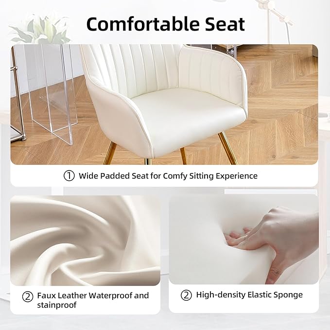 Purgreen Faux Leather Dining Chair Set of 6 - Modern Mid-Back Accent Chair with Gold Plating Legs - Comfy Upholstered Chair for Living Room ，Kitchen & Reception Room (Leather Beige, Set of 6)