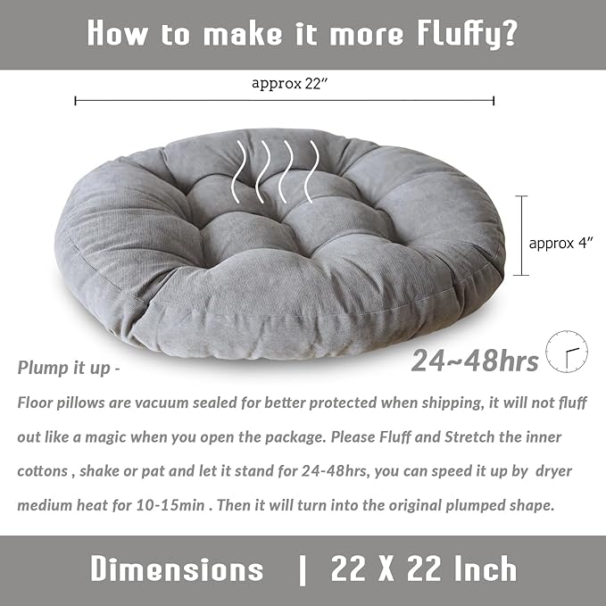 Sexysamba Round Floor Seat Pillows Cushions 22" x 22", Soft Thicken Yoga Meditation Cushion Pouf Tufted Corduroy Tatami Floor Pillow Reading Cushion Chair Pad Casual Seating for Adults & Kids, Grey