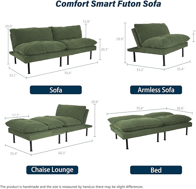 2 Sets 70" Futon Sofa Bed, 4 in 1 Multi-Function Couch Sleeper with Adjustable Backrest, Modern Convertible Futon, Recliner Small Loveseat for Living Room, Green