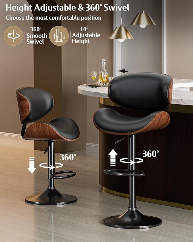 Aowos Bar Stools, Adjustable Swivel Barstools for Kitchen Island, Mid Century Modern Leather Counter Height Bar Chairs with Back & Footrest (Black 1PCS)