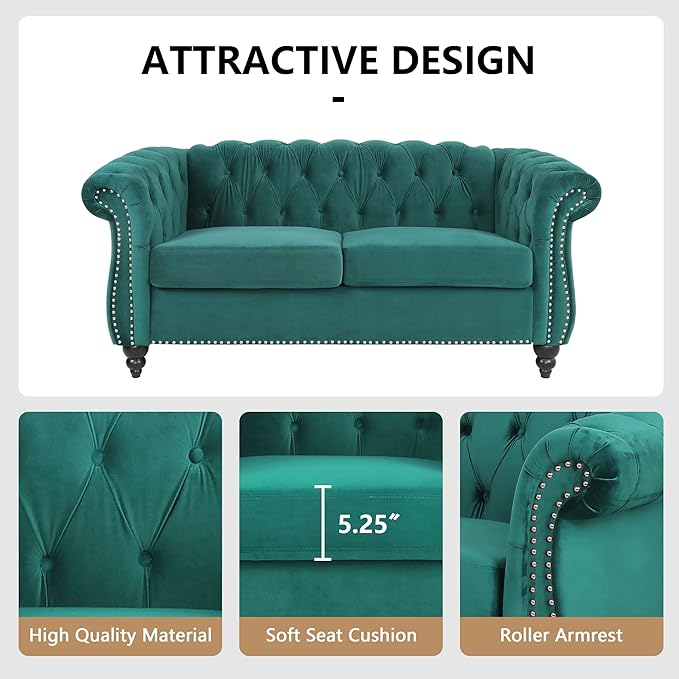 QHITTY Accent Sofa, Chesterfield Loveseat Modern Velvet Couch Upholstered Sofa with Tufted Back for Living Room Furniture (Green)