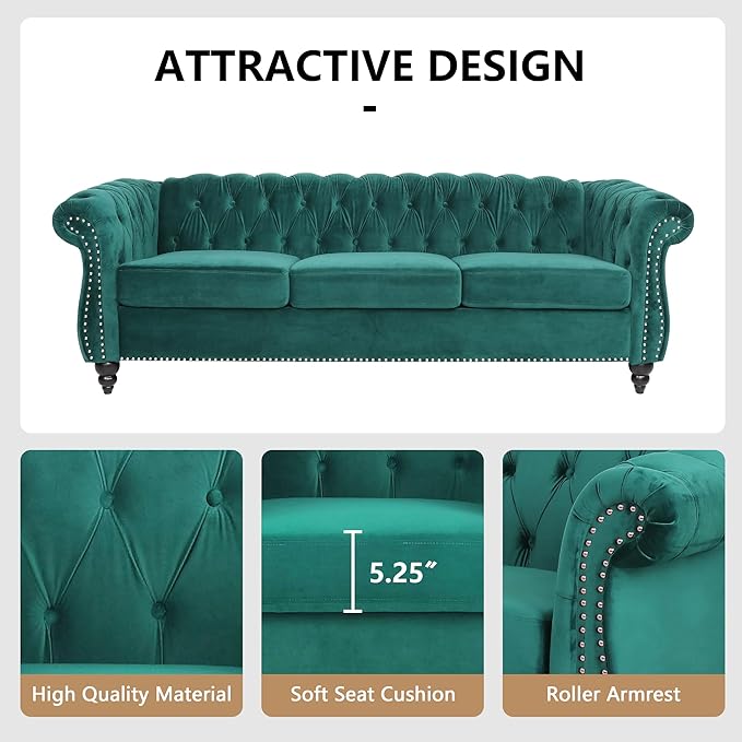 QHITTY Accent Large Sofa, Chesterfield Couch 3 Seater Modern Velvet Couch Upholstered Sofa with Tufted Back for Living Room Furniture (Green)