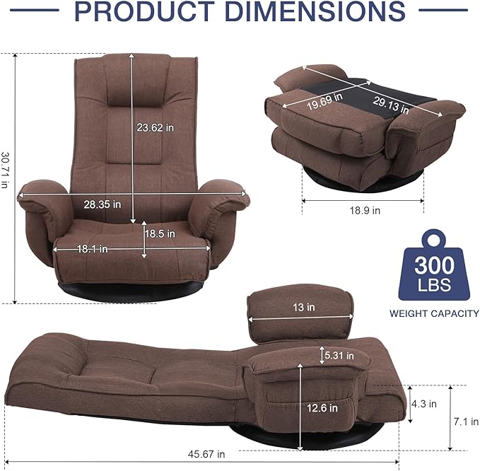 Linen Fabric Ergonomic Gaming Chair, 6-Position Reclining Sofa Bed with Lumbar Support, Foldable Floor Lounger with Thick Cushion, Armrests & Side Pockets for Esports, Reading, Napping (Coffee)