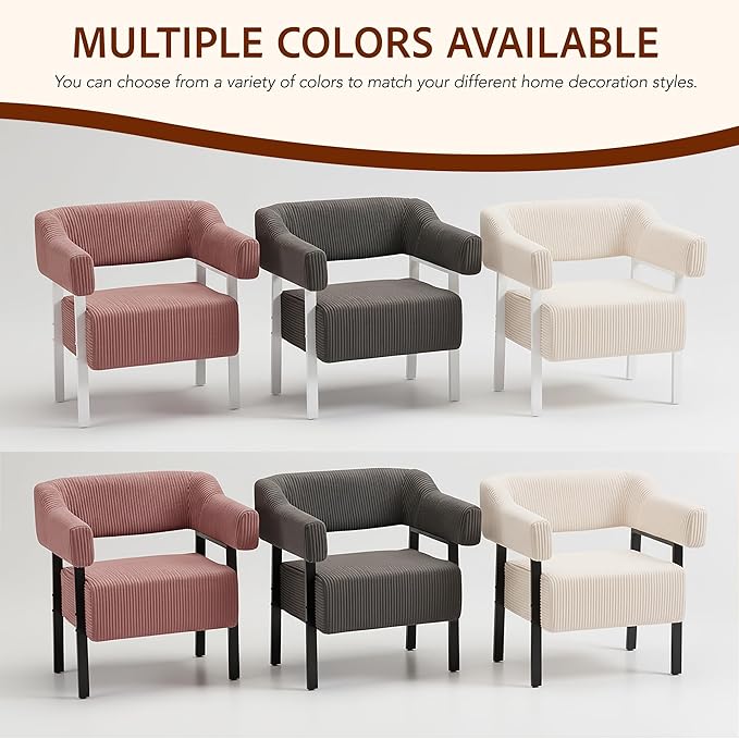 Wismestr Corduroy Upholstered Accent Chair - Cozy Modern Decorative Armchair, Comfortable Cute Corner Side Chairs for Living Room, Bedroom, Reading Nook, Small Spaces (Pink, White Leg)