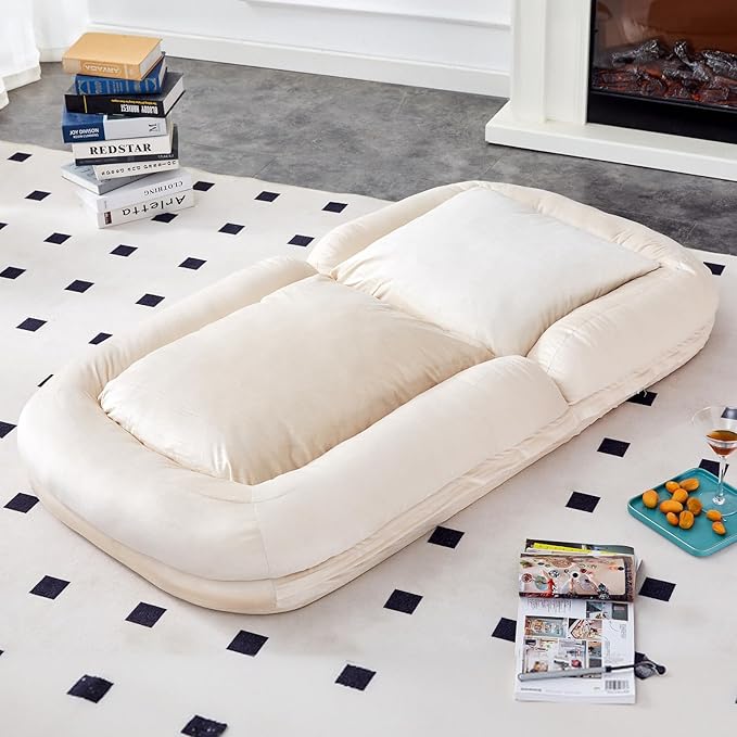 Chic Beige Folding Sofa Chair - 5 Adjustable Positions! Experience The Plush Comfort of This Floor Lounge Chair for Gaming, Meditation, and Relaxation! Get Yours Today!