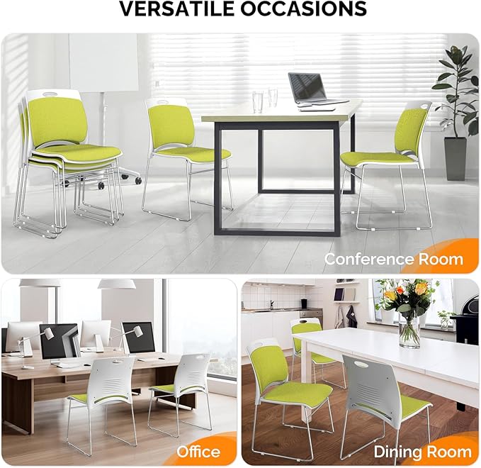 VINGLI Stackable Chairs Set of 20, Stacking Office Chairs with Metal Sled Base, Ergonomic Plastic Padded Seat & Back, Capacity 350lbs, Stacking Chairs for Waiting Room Break Room Banquet Guest, Green