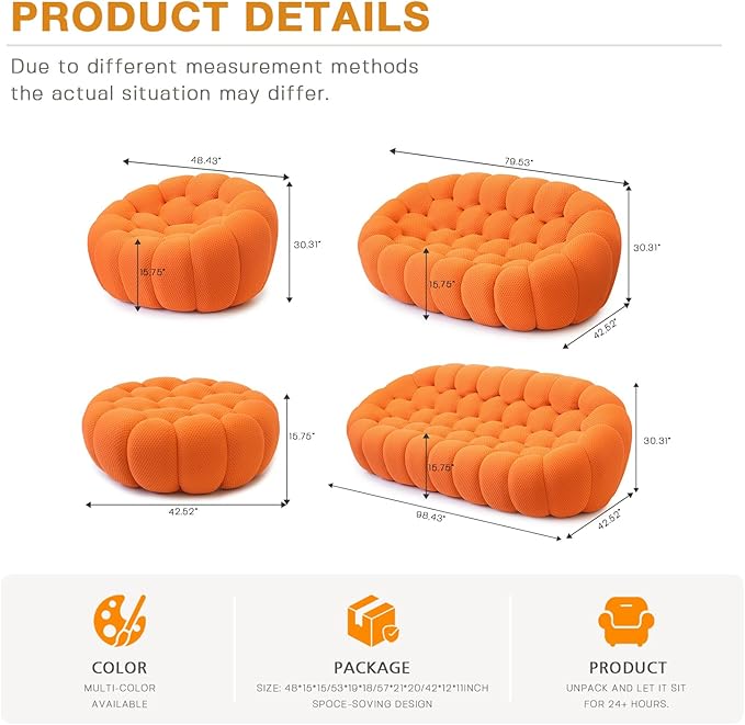 WJShome Modular Sectional Sofa,Bubble Couch,Comfy Curved Couch Living Room Sets,Modern Upholstered Bean Bag Sofa Mesh Fabric Lazy Floor Chair Living Roon Sets (Orange, 3 Seater+Ottoman)