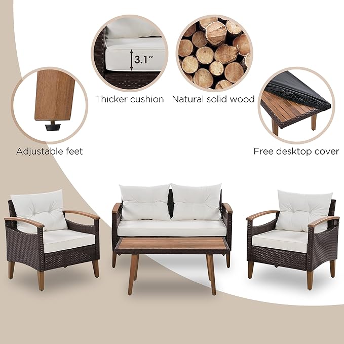 Merax Patio Furniture Sets 4 Pieces, All Weather Outdoor PE Rattan Sofa with Wood Table and Legs, for Lawn, Backyard, Poolside or Garden, Beige
