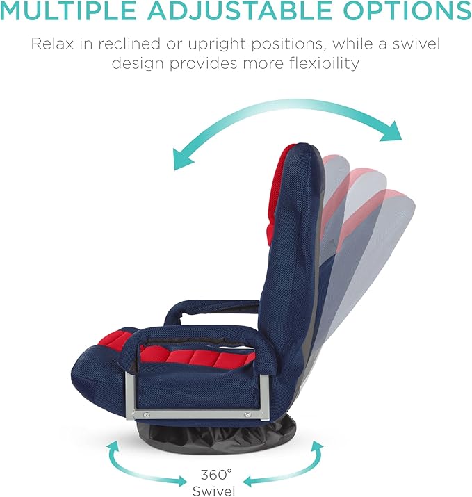Best Choice Products Swivel Gaming Chair 360 Degree Multipurpose Floor Chair Rocker for TV, Reading, Playing Video Games w/Lumbar Support, Armrest Handles, Adjustable Foldable Backrest - Blue/Red