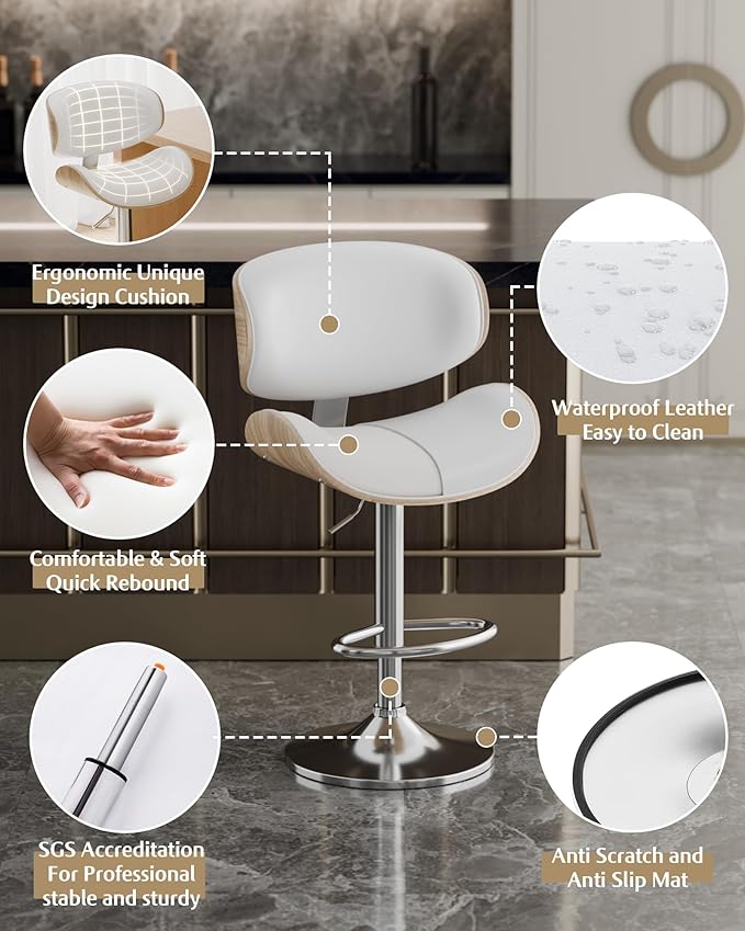 Aowos Bar Stools Set of 2, Adjustable Swivel Leather Bar Stools for Kitchen Island, Mid Century Modern Counter Height Bar Chairs Barstools with Back & Footrest (Cream White)