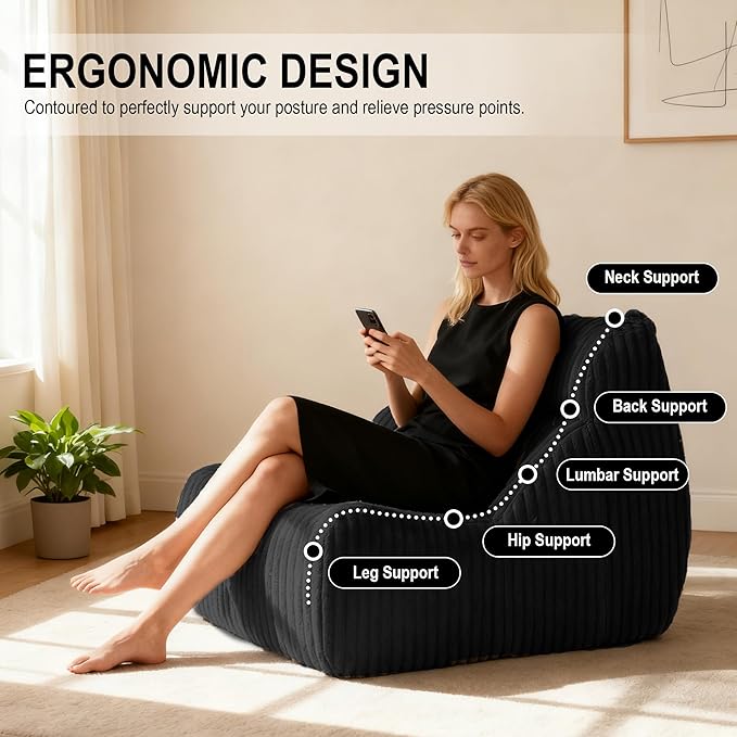 Bean Bag Chairs, Giant Bean Bag Chair for Adults, Memory Foam Lounge Chair, Comfy Lazy Floor Chair, Bean Bag Sofa for Living Room, Bedroom and Office, Single Bean Bag (Black)