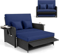 RELAX4LIFE Wicker Patio Outdoor Daybed - Rattan Day Bed Lounger w/Loveseat & Storage Ottoman, Sunbed Sofa Set w/Cushions, 4-Level Adjustable Backrest & 2 Retractable Trays, Patio Daybed (Navy-Black)