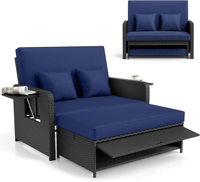 RELAX4LIFE Wicker Patio Outdoor Daybed - Rattan Day Bed Lounger w/Loveseat & Storage Ottoman, Sunbed Sofa Set w/Cushions, 4-Level Adjustable Backrest & 2 Retractable Trays, Patio Daybed (Navy-Black)