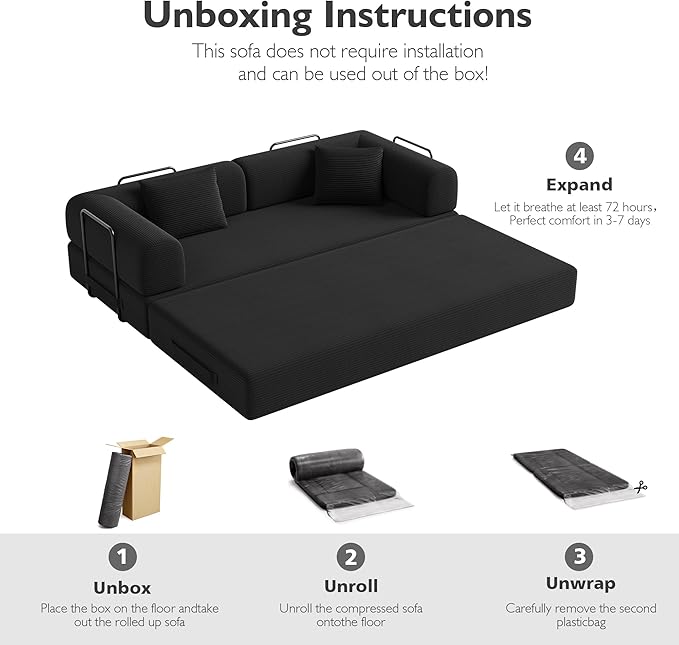 79 Inch 5-in-1 Convertible Sofa Bed, Corduroy Boneless Floor Couch with Fixed Frame & Pillow, Modular Folding Mattress Lounger for Small Space, Living Room, Bedroom - Easy Assembly(Black)