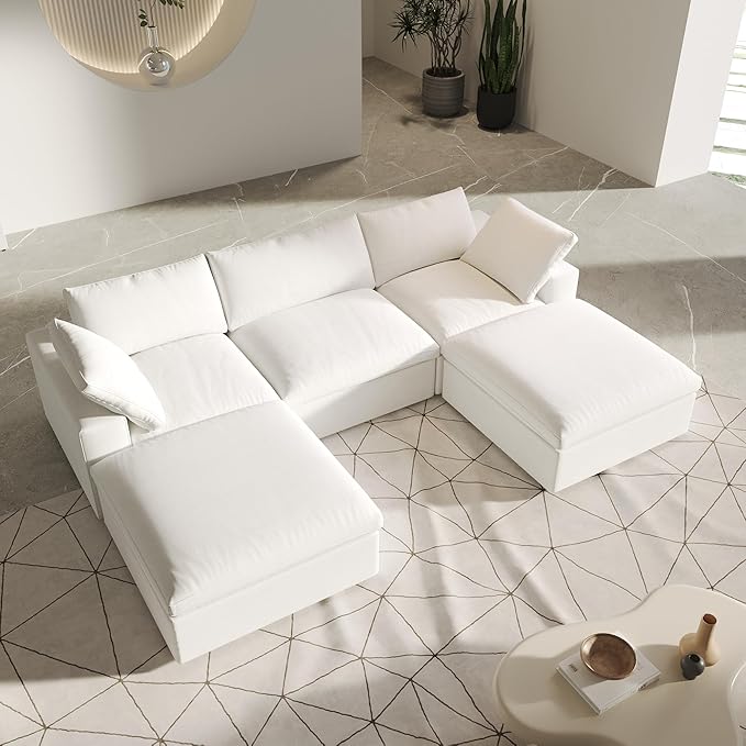 U-Shaped Cloud Sectional Couch, White Modular Sectional Sofa, Modern Comfy Cloud Sofa with Storage Ottomans, Covers Removable, Convertible Sleeper Couch for Living Room Apartment (Linen Fabric)