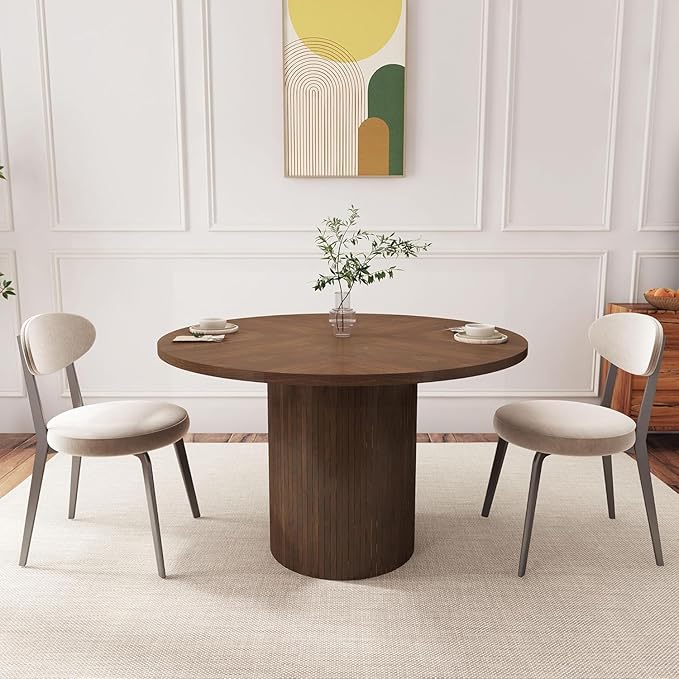 47 Inch Round Dining Table, Farmhouse Fluted Dining Kitchen Table, Modern Wood Small Circle Dining Table for Kitchen Living Room, Walnut