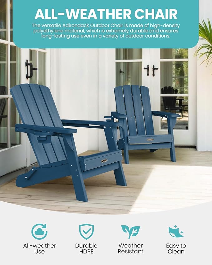Folding Adirondack Chair 6 Pack, HDPE All-Weather Fire Pit Chairs, Plastic Adirondack Chairs with 2 Cup Holder, Outdoor Lawn Chair for Patio Garden (New Blue)