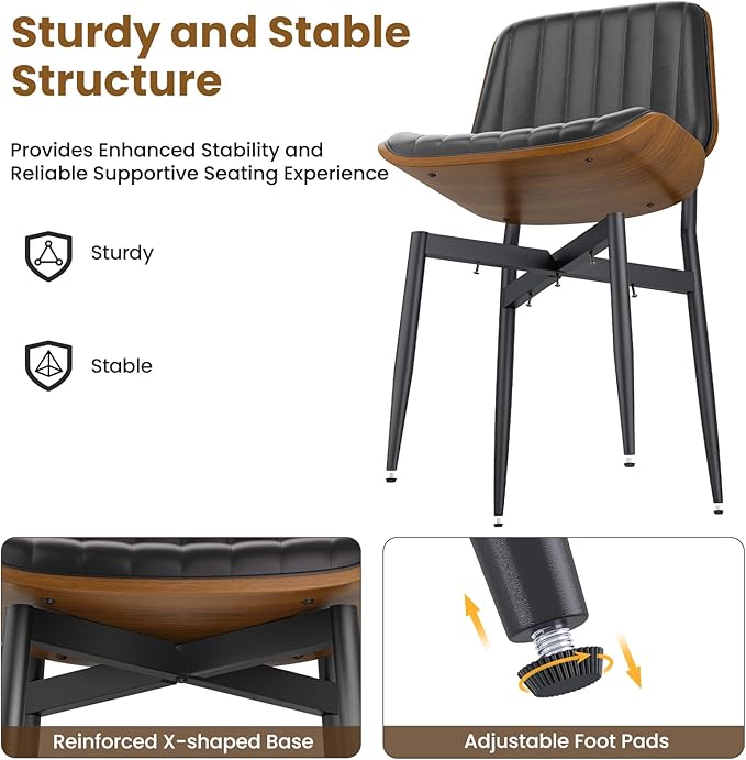 YaFiti Dining Chairs Set of 8, FSC Certified Mid Century Modern Dining Room Kitchen Chairs, Upholstered PU Leather Vertical Stripe Chairs for Vanity with Walnut Bentwood and Metal Legs, Black