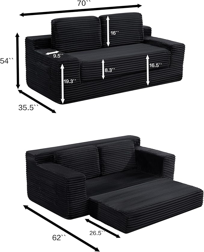 Loveseat Cloud Boneless Couch, Upholstered Floor Sofa with Armrests, 2-in-1 Convertible Corduroy Couch Bed for Living Room, Apartment, Black