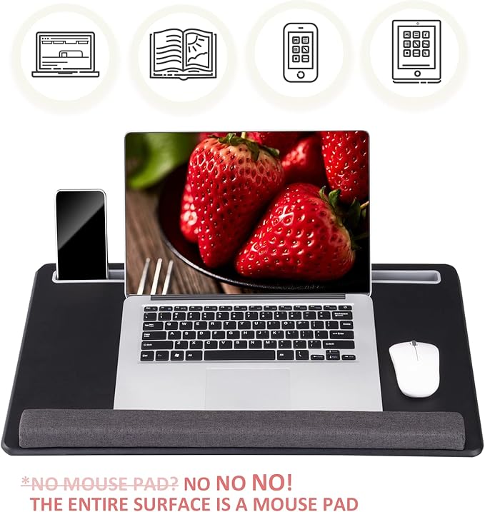 Extra Large Lap Laptop Desk - Full PU Material Mouse Pad Gaming Tray - Portable LapDesk with Phone Holder & Wrist Rest for Notebook, MacBook, Tablet, Bed, Sofa(Black, Fit Up 17.3-in Laptops)