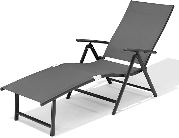 VredHom Patio Chaise Lounge Outdoor Adjustable Folding Lounge Chair Recliner with 8 Adjustable Backrest Positions for Pool Beach Yard, Textliene & Brown Aluminum Frame