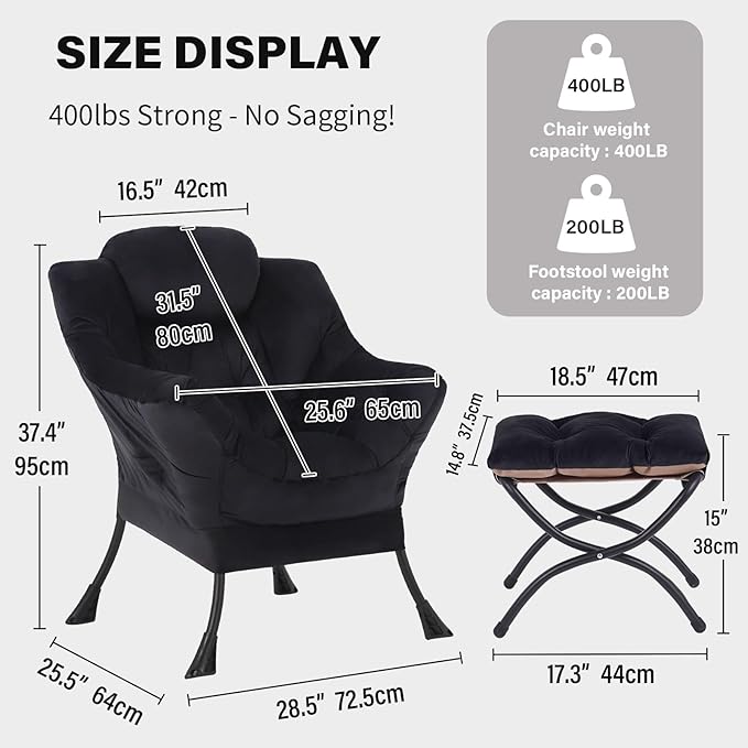 Tiita Lazy Chair with Ottoman, Modern Large Accent Lounge Armchair, Comfy Leisure Sofa Reading Chair with Footrest for Bedroom, Living Room, Dorm Rooms, Garden and Courtyard, Velvet Black