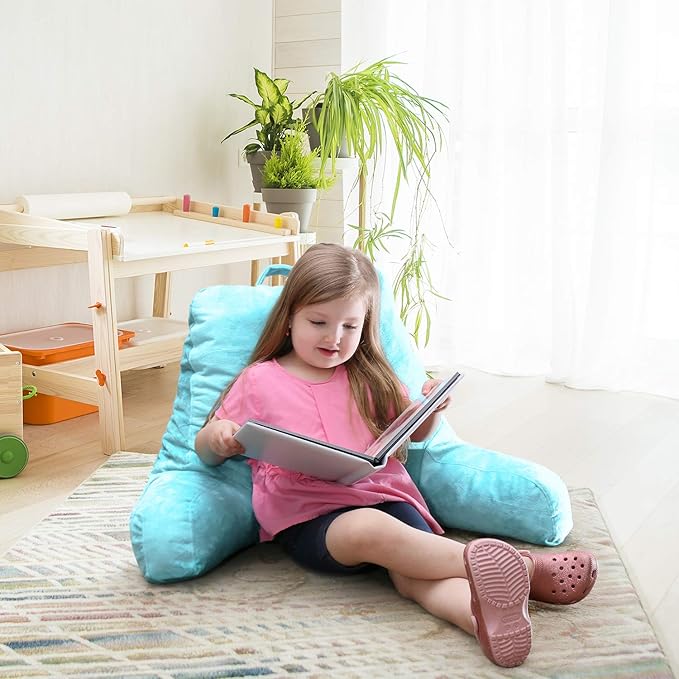 Nestl Reading Pillow with Shredded Memory Foam, Designed for Sitting Up in Bed and Couch, Back and Arms Adjustable Support for Adult & Teens Backrest Pillows for Reading with Washable Cover Light Blue