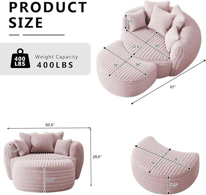 Oversized Chaise Lounge Chair Indoor with Ottoman 50.5" W x 67.0" D Round Soft Corduroy Comfy Oversized Reading Chair with 5 Pillows for Living, Reading Room - Pink