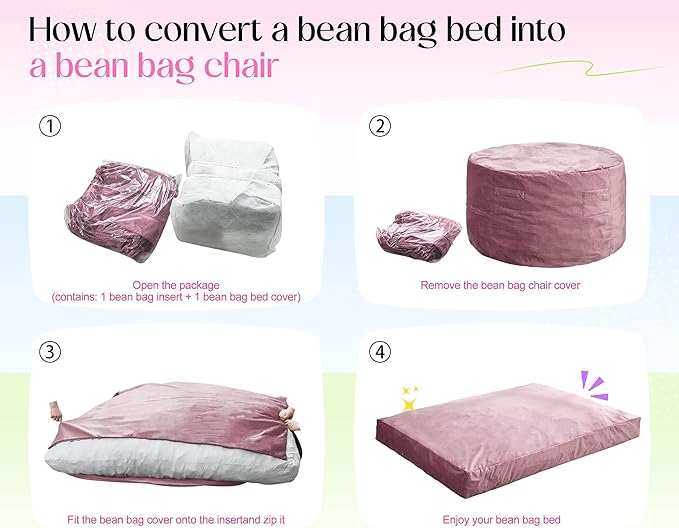 Hobestluk Giant Bean Bag Chair Bed for Adults, Large Bean Bags with High-Density Foam Filling, Convertible Big Sofa Bed Couch for Living Room, Bedroom, Playroom (Pink, Queen)