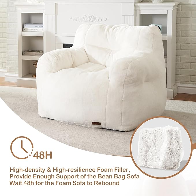 Hobestluk Bean Bag Chair for Adult Small Bean Bag Chairs with Arms Furry Beanbag Chair with Foam Filler Stuffed Bean Bag Sofa for Reading in Bedroom Living Room and Dorms(White)