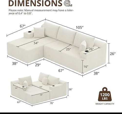 105" Cloud Sectional Couch with L-Shape Chaise, Modular Sectional Sofa with Deep Seat & 2 Cup Holders, Modern Corduroy Boneless Couches for Living Room, No Assembly Required, Left Facing Chaise, White | Pet Friendly, Flexible Layout