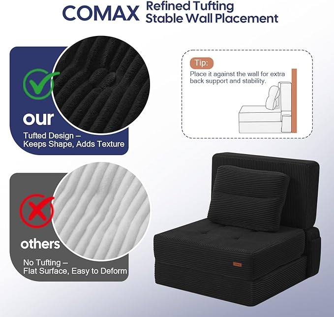 COMAX Folding Sofa Bed, Foldable Couch for Bedroom, Convertible Floor Sleeper Futon Chair Foam, Corduroy 3 in 1 Fold Out Chair Portable Comfy Lounge Couch Sofa Bed for Small Space, Single, Black