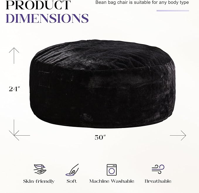 Hobestluk Bean Bag Chairs Giant Beanbag Chair with Filler, Memory Foam Bean Bags with Fluffy & Machine Washable Cover, Bean Bag Chairs for Aduts for Living Room, Bedroom (BLACK, 5FT - 50” x 50” x 24”)